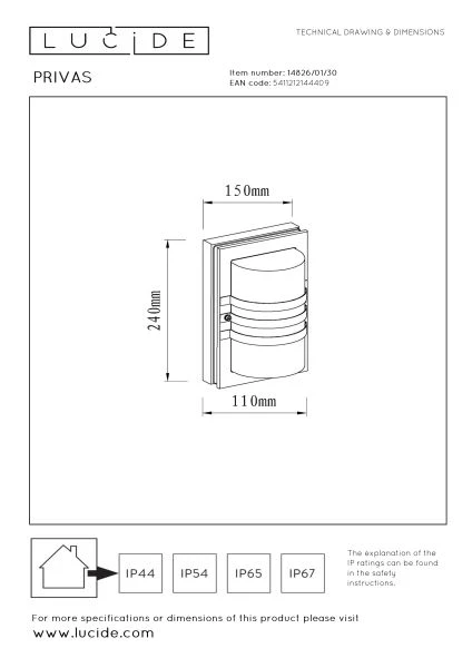 Lucide PRIVAS - Wandleuchte Innen/Außen - 1xE27 - IP44 - Schwarz - TECHNISCH